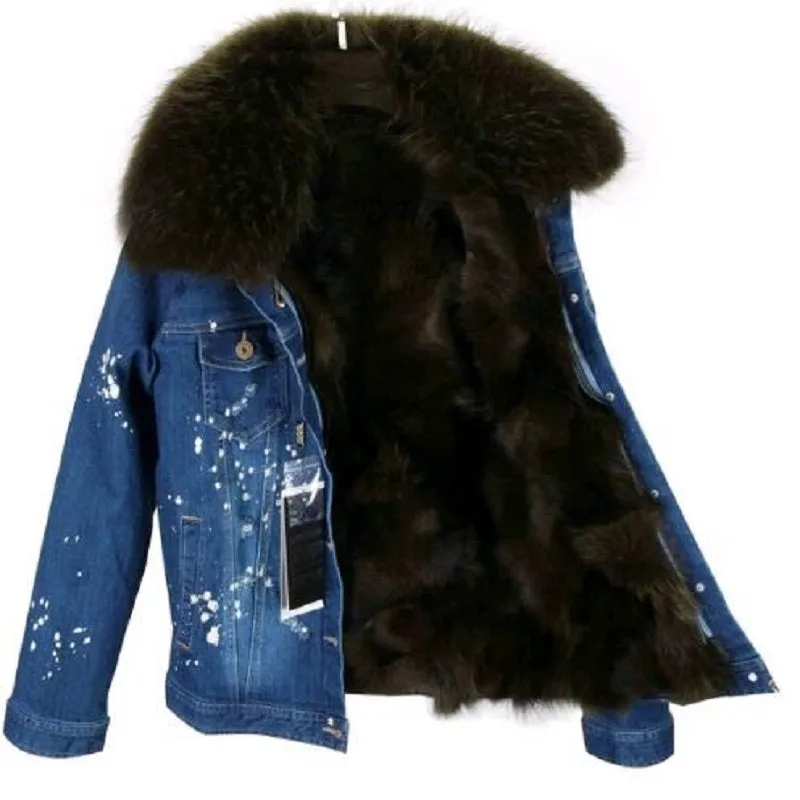 Women's Winter Casual Slim Denim Parka With Raccoon Fur