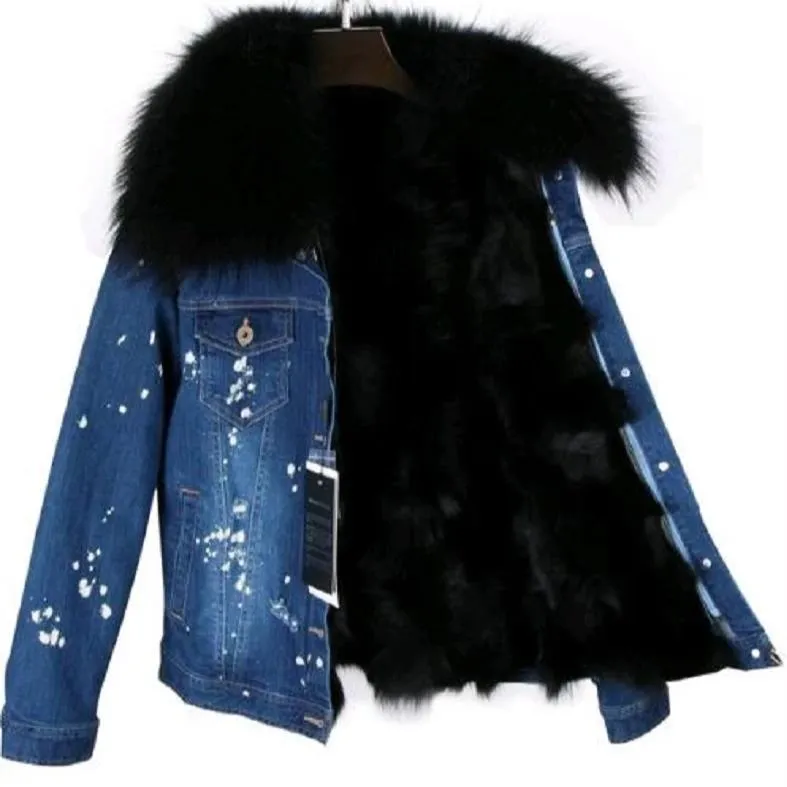 Women's Winter Casual Slim Denim Parka With Raccoon Fur