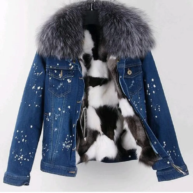 Women's Winter Casual Slim Denim Parka With Raccoon Fur