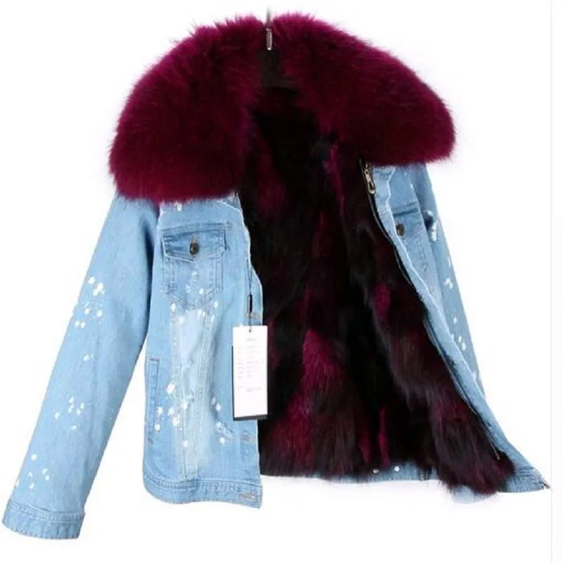 Women's Winter Casual Slim Denim Parka With Raccoon Fur