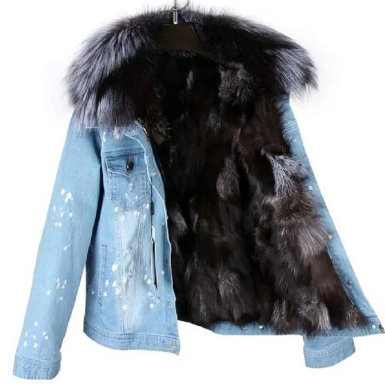 Women's Winter Casual Slim Denim Parka With Raccoon Fur