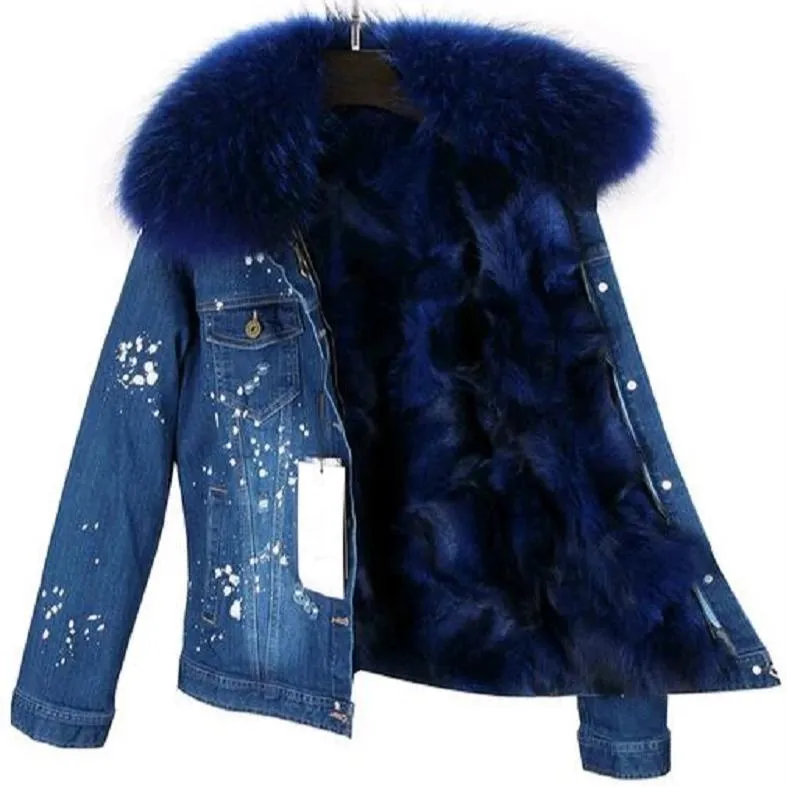 Women's Winter Casual Slim Denim Parka With Raccoon Fur