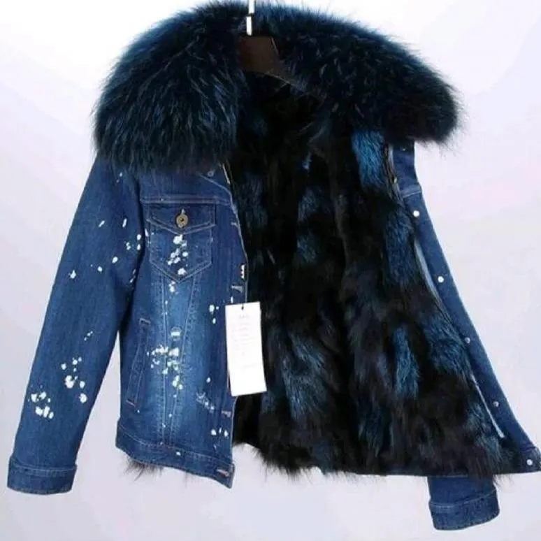 Women's Winter Casual Slim Denim Parka With Raccoon Fur