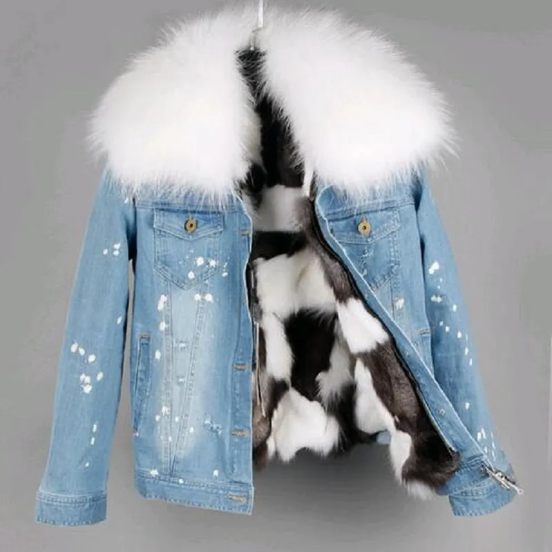 Women's Winter Casual Slim Denim Parka With Raccoon Fur
